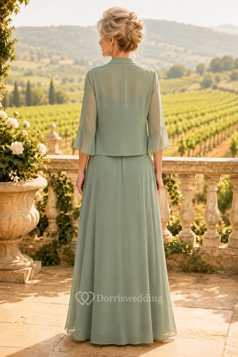 Salbeigrünes Chiffon-Kleid in A-Linie mit Jacke und Rüschenrock view 2