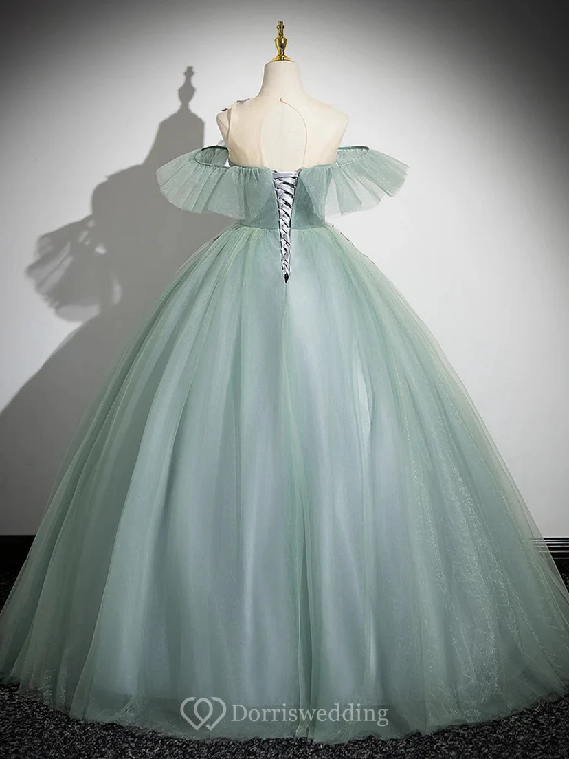 Robe de bal brodée vert clair à épaules dénudées view 13