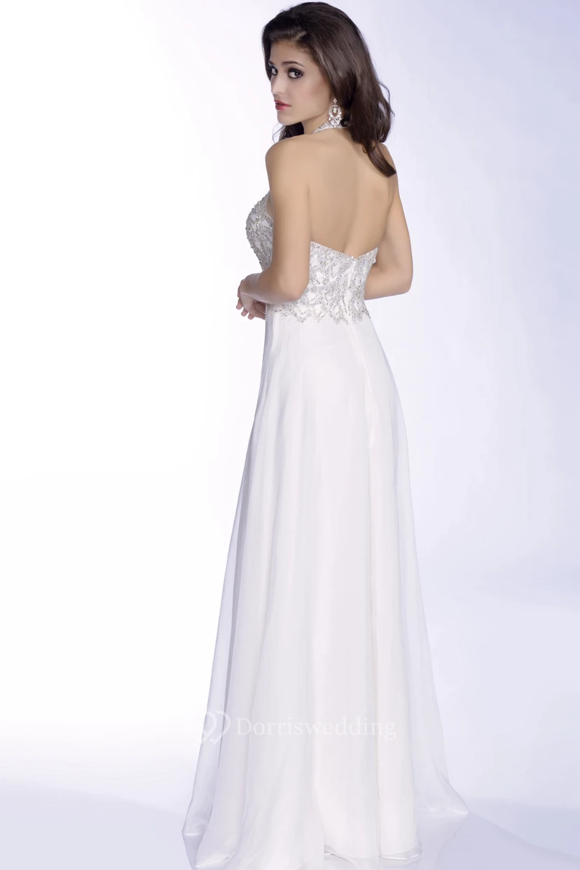Langes Chiffon-Abendkleid mit juwelenbesetztem Oberteil und offenem Rücken view 2