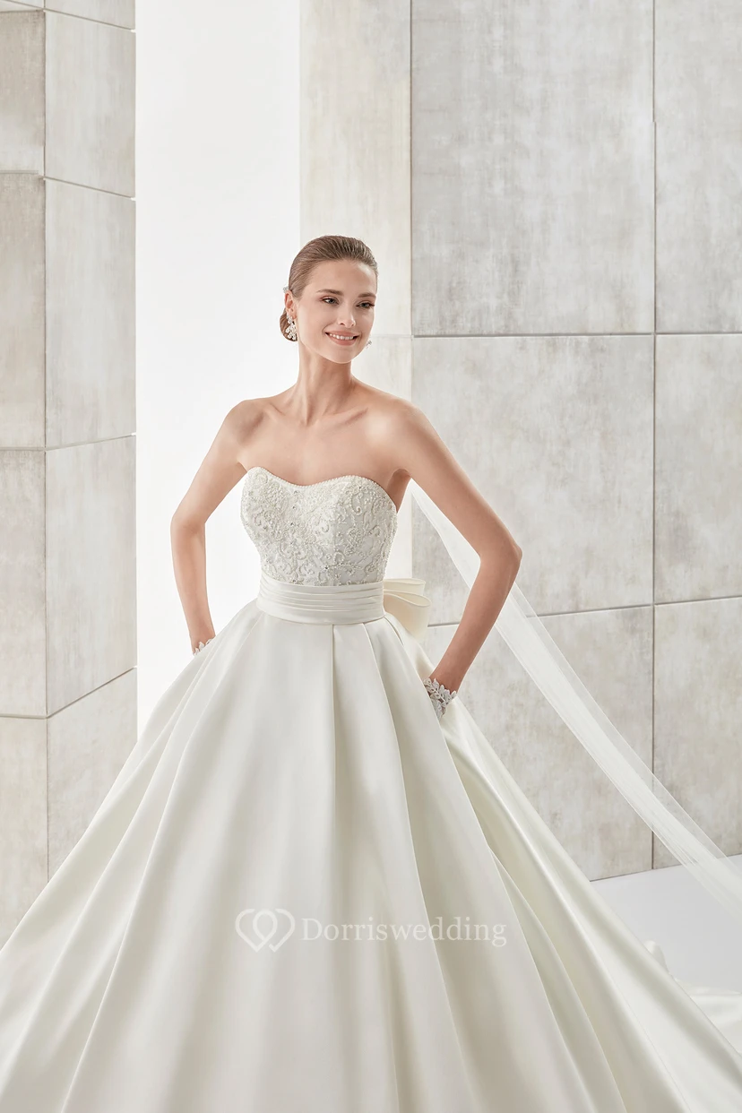 Strapless A-line Wedding gown with Cinched Waistband and Back Bow view 3