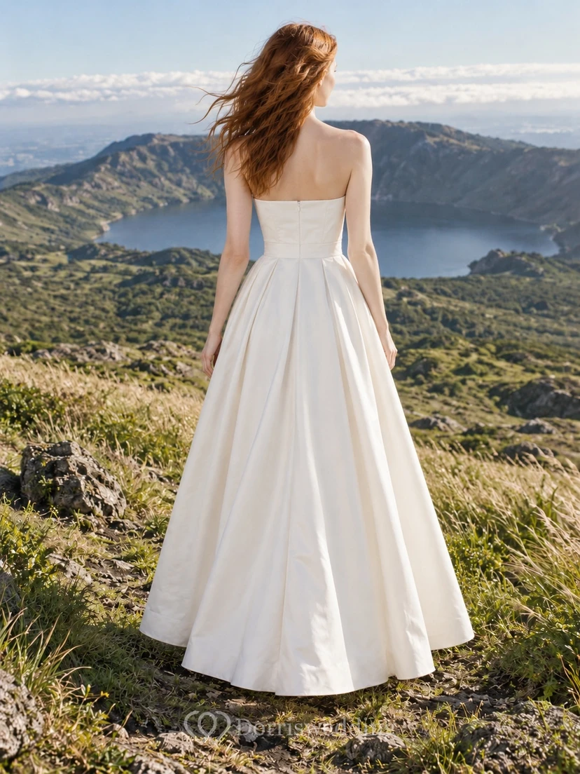 Schlichtes, trägerloses, plissiertes, knöchellanges Brautkleid in A-Linie view 2
