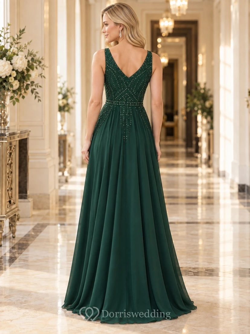 Vintage dunkelgrünes, ärmelloses, langes Brautjungfernkleid aus Chiffon mit A-Linien-Profil, V-Ausschnitt und geometrischer Perlenstickerei view 2