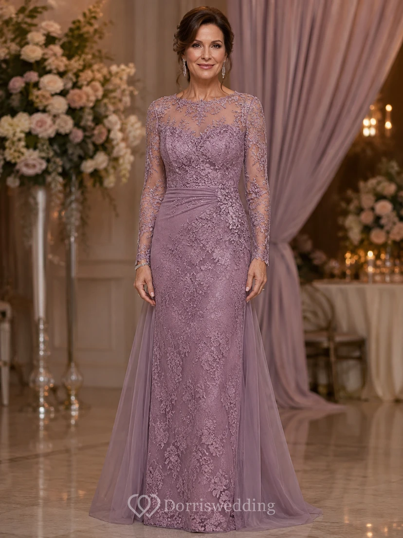 Vintage Mauve Long Sleeve Lace Mother Gown Vintage Mauve Bateau Jewel Mermaid Floor-length