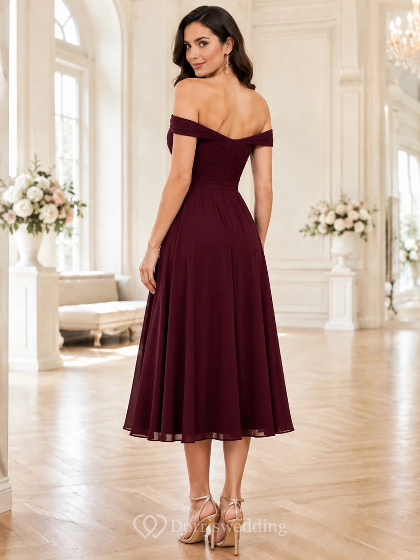 Burgunderfarbenes Chiffon-Abendkleid im A-Linien-Stil mit Teelänge und schulterfreiem Oberteil von Jugendweihe view 2