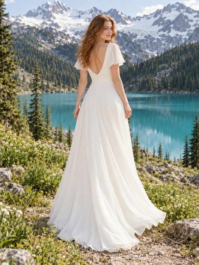Vestido de novia con escote en V y mangas con volantes en crepé de China, corte en A y cola larga. view 2