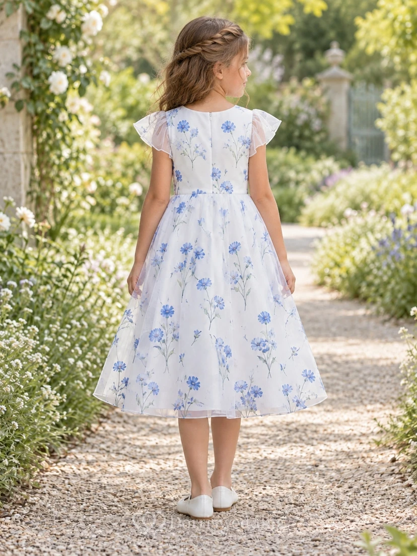 Tea-length Country White Floral Cap Sleeve Organza A-line Flower Girl Dress view 2