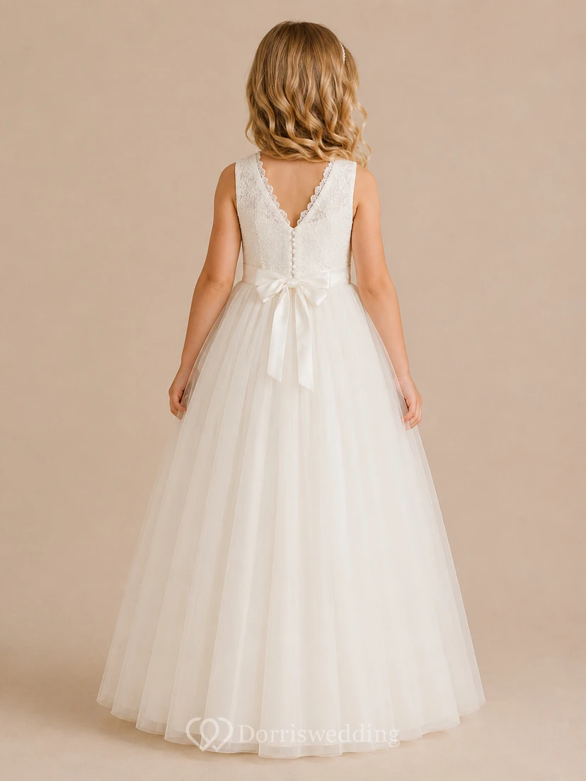 Lace Bodice Tulle A-Line Flower Girl Dress with V-Neck, Tea-Length Skirt and Bow Detail view 2