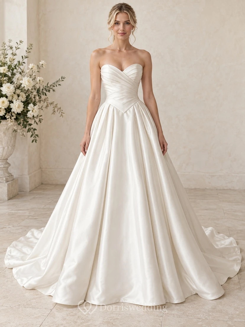 Vestido de novia sencillo sin tirantes, escote corazón, cintura vasca, satén drapeado y cola capilla.