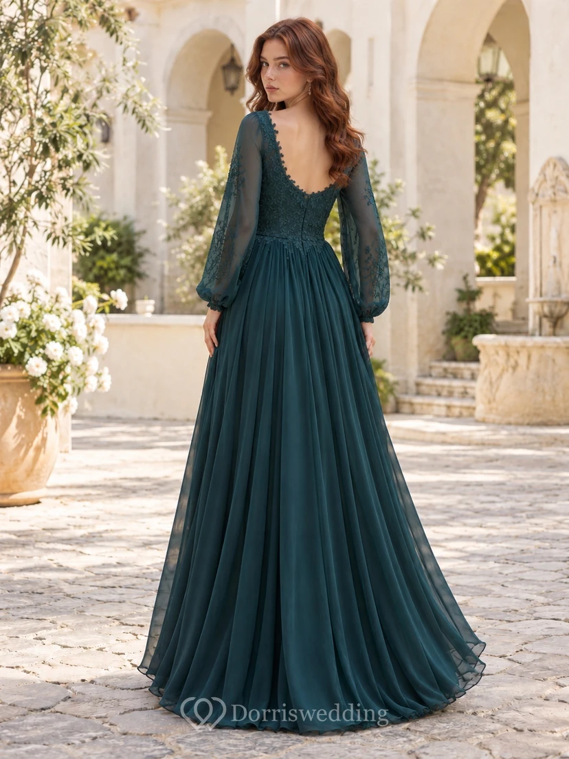 Boho Long Sleeve Peacock Sweetheart Lace Chiffon A-line Prom Dress view 2