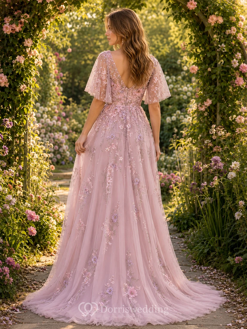Blush V-Neck Flutter Sleeve 3D Floral Garden Bridal Gown view 2