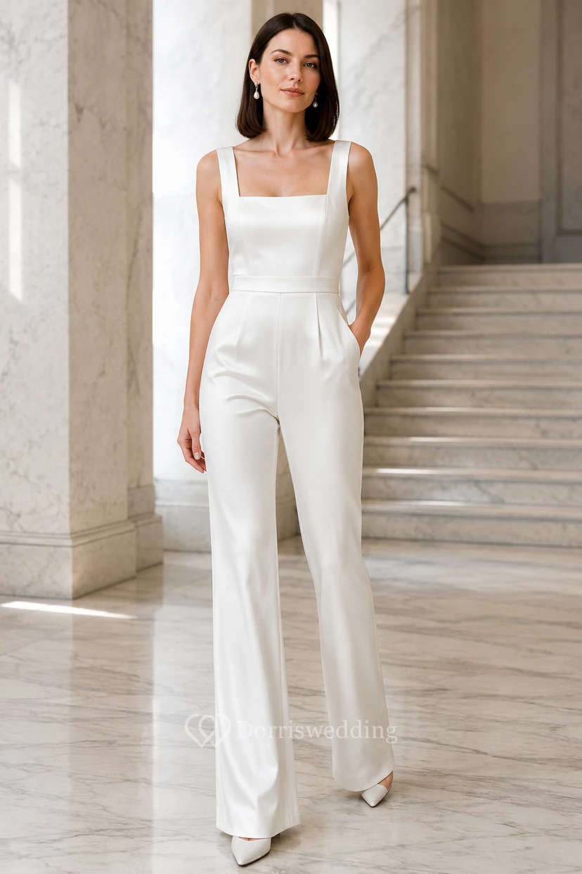 Combinaison de mariée cintrée à col carré avec pantalon à jambes larges