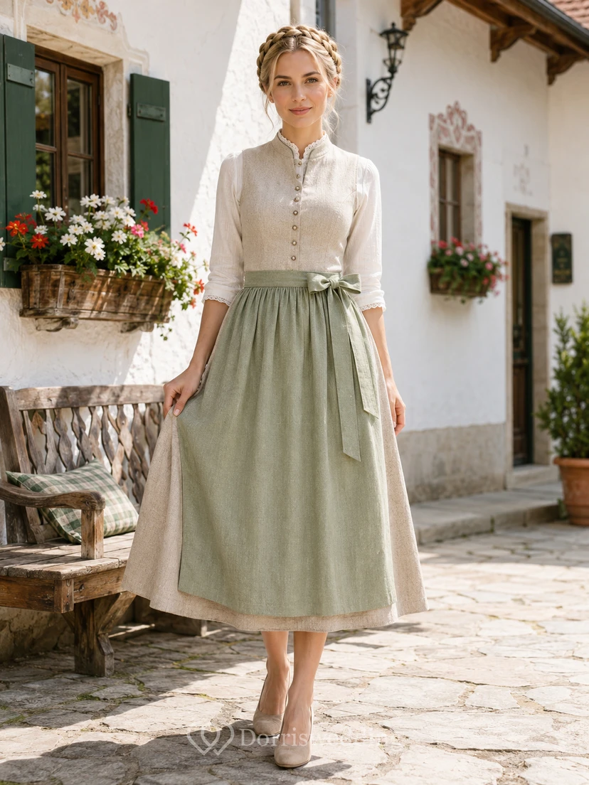 Dirndl modesto de lino color crema, corte A, largo hasta la rodilla, cuello alto, manga tres cuartos