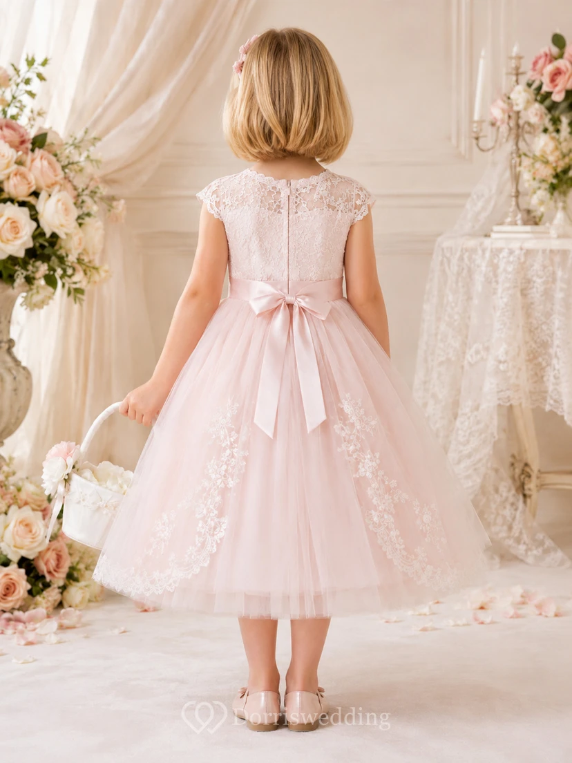 Flower Girl Dress Blush Lace Tulle A-Line Jewel Neck Tea Length Bow Back view 2