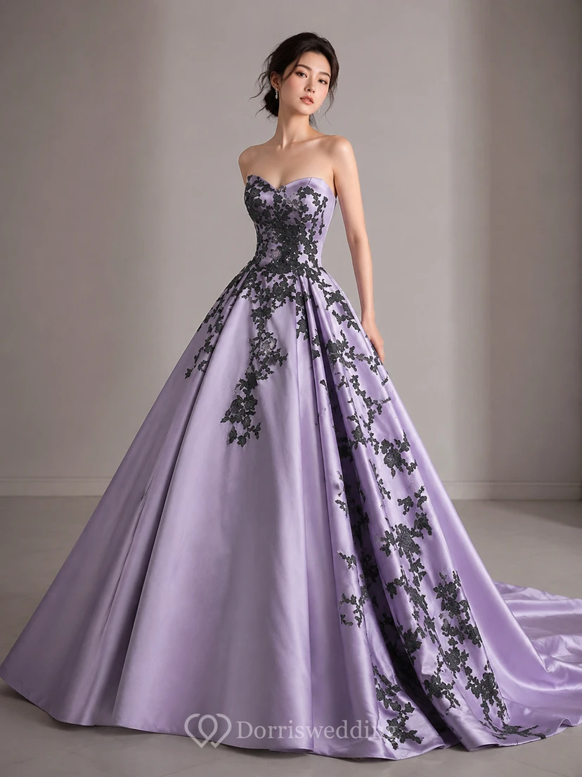 A-Line Floor-Length Sweetheart Appliques Chapel Train Zipper Corset Back Lace Satin Dress view 6
