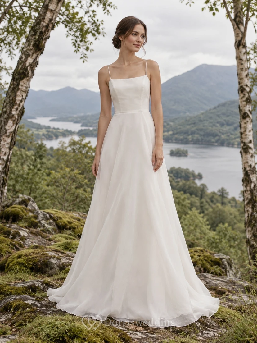 Vestido de novia sencillo de organza con escote cuadrado, sin mangas y corte en A con cola.