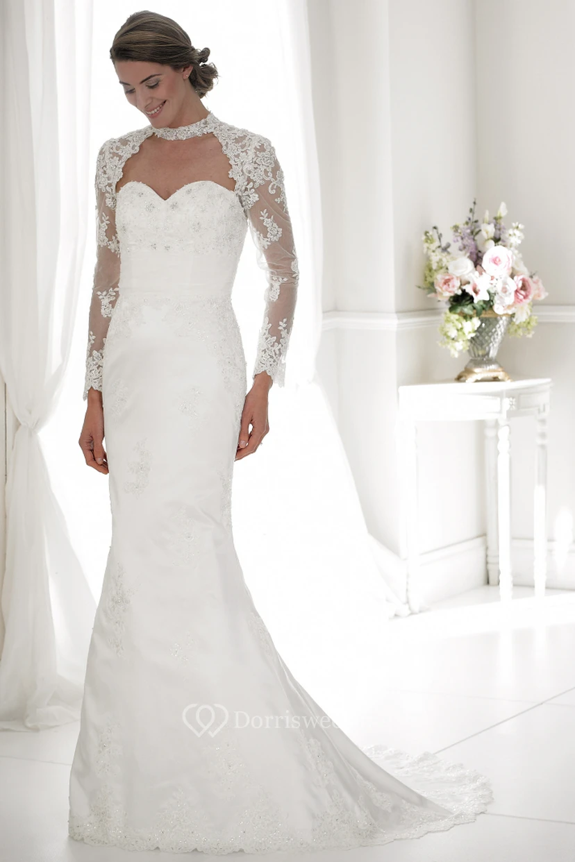 Sheath Sweetheart Long-Sleeve Appliqued Floor-Length Lace Wedding Dress With Beading