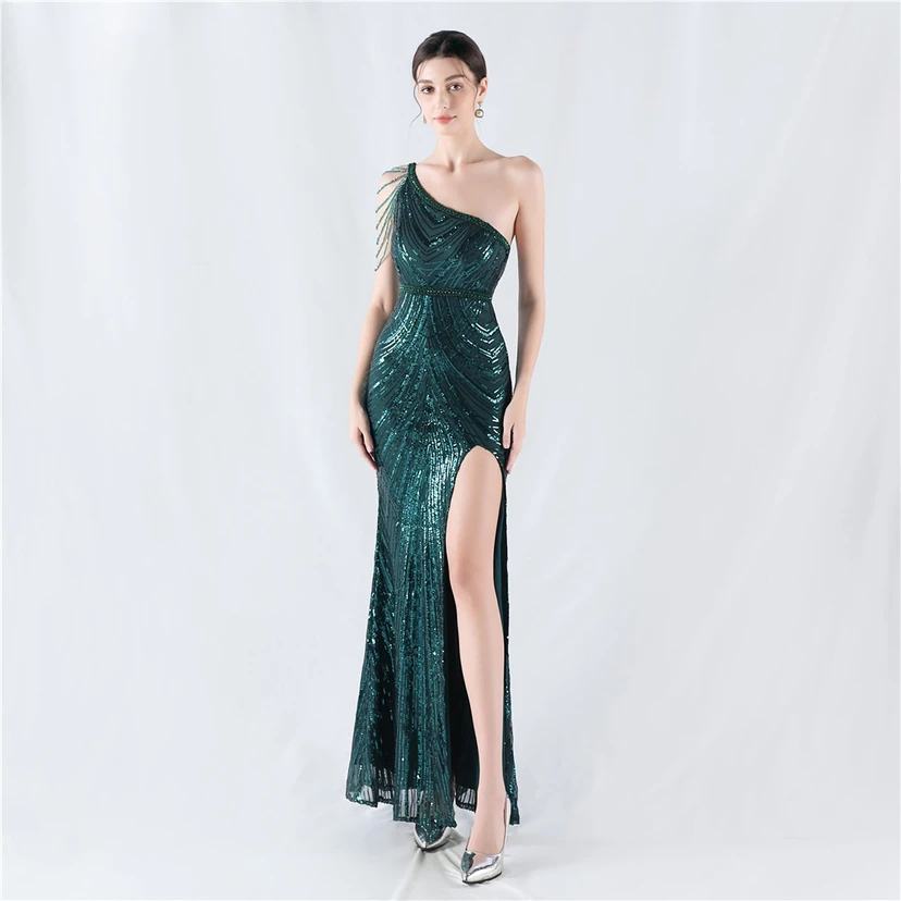 Positioning Flower Beaded Craft Beaded One-Shoulder Oblique Collar High Slit Evening Dress view 31