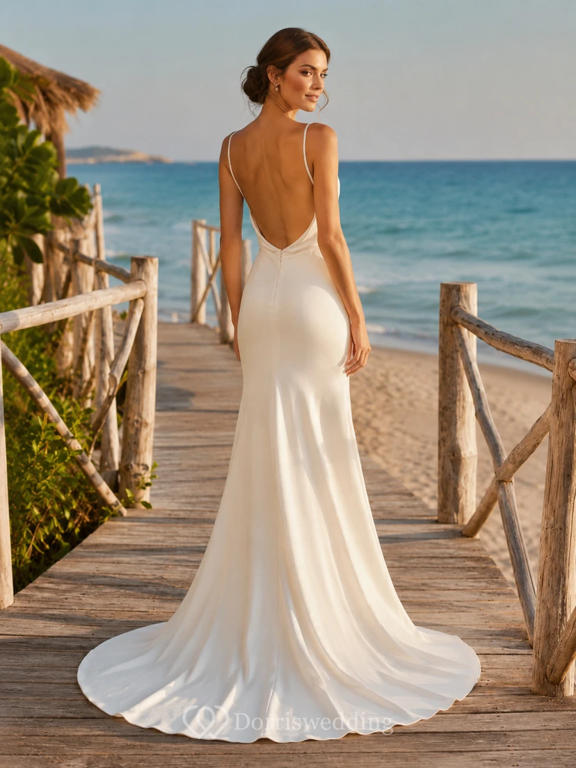 Sexy Satin Vestido Noiva Praia Sheath Cowl Neck Spaghetti Backless Split Train view 2