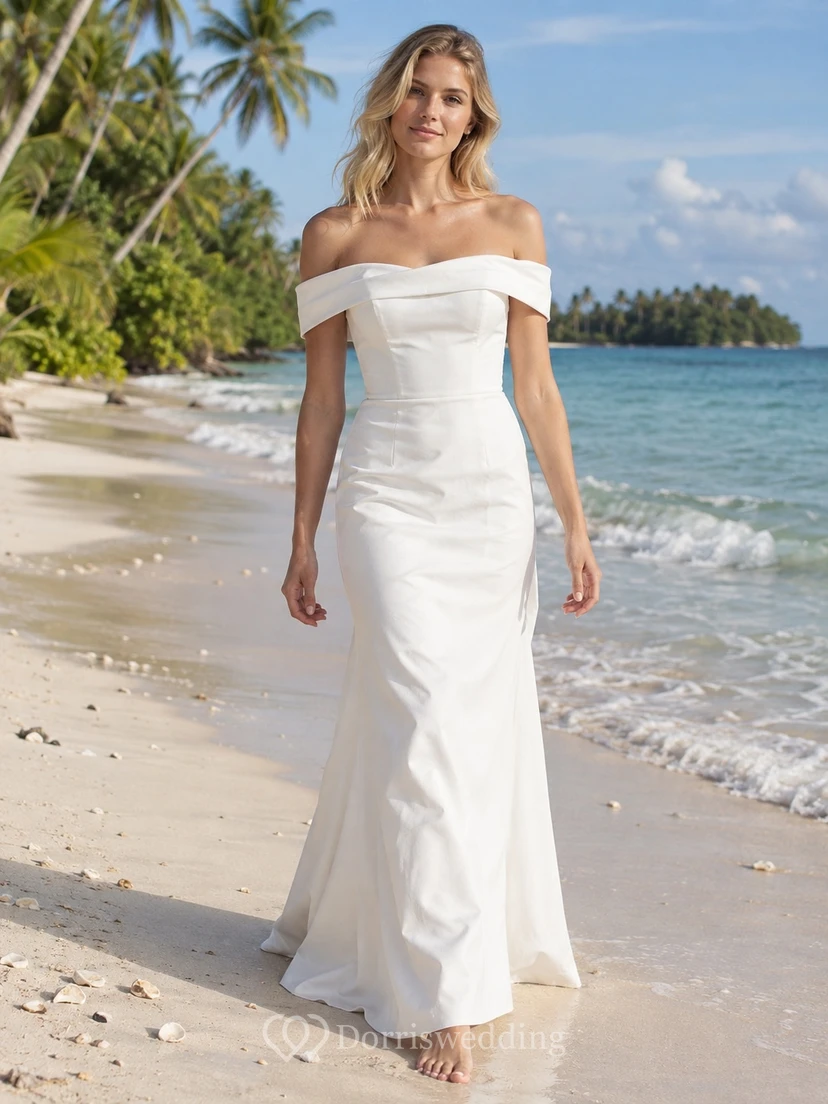 Schulterfreies Brautkleid aus Baumwollpopeline mit gefaltetem Ausschnitt und tailliertem Etuirock