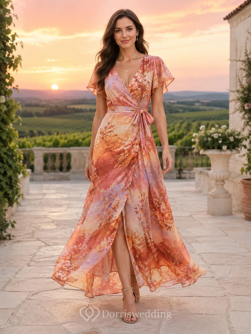Robe bohème longue à manches papillon en mousseline corail à imprimé floral, style portefeuille, en mousseline, ornée de fleurs corail