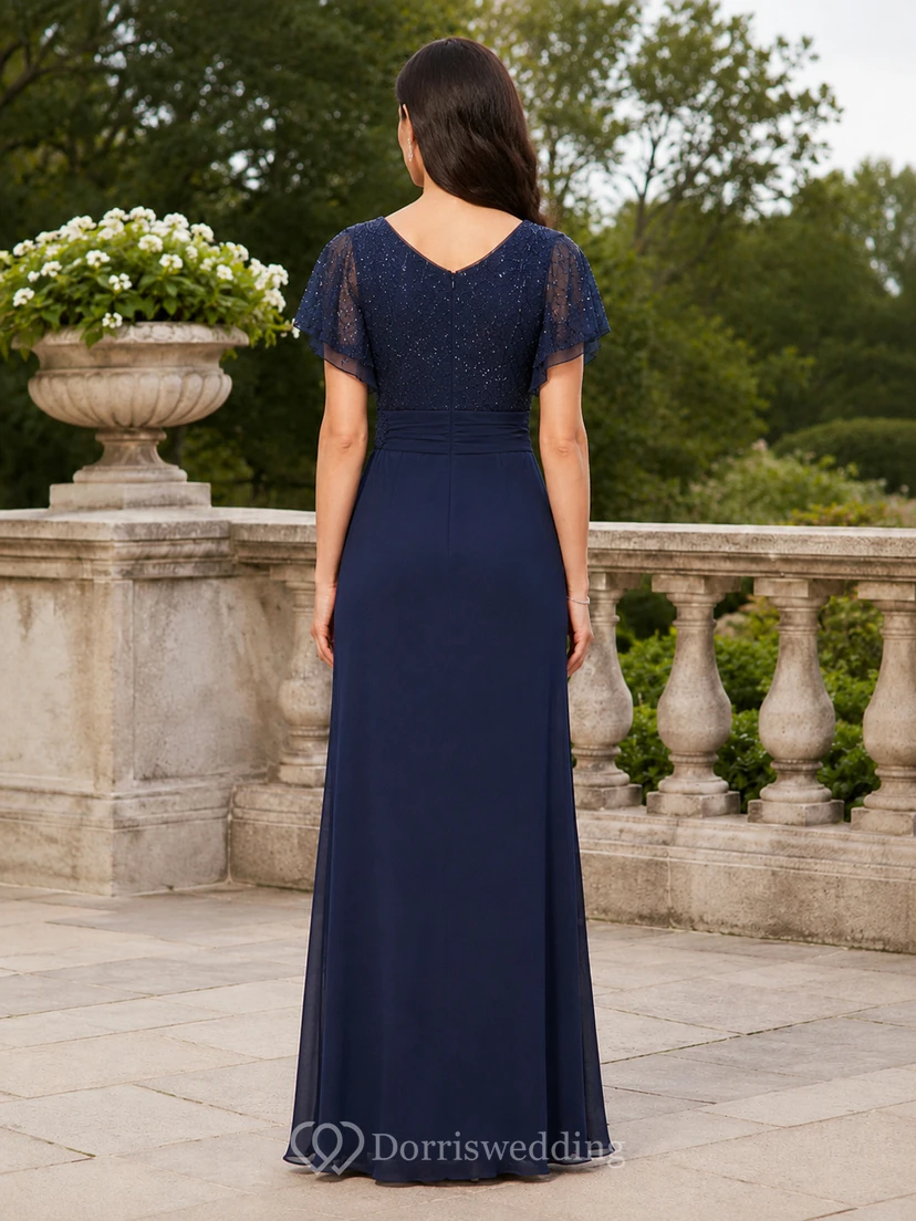 A-Line Lace Mother of the Bride Dress with V-neck, Short Sleeve and Lace Ruching, Floor Length view 2
