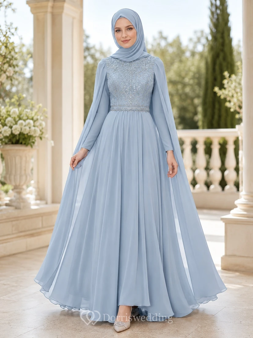 Robe de bal en mousseline bleu ciel, col montant, manches cape, style modeste