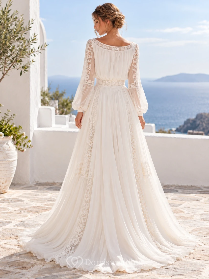 Vestido de novia bohemio con escote barco, manga larga, encaje y gasa, corte A y cola. view 2