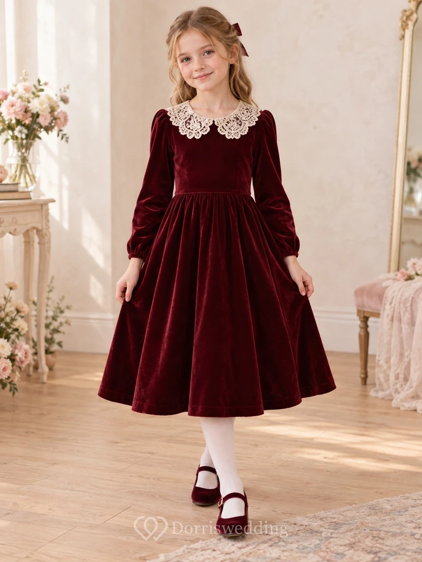 Vintage Long Sleeve Tea-length Burgundy Lace Collar Velvet Flower Girl Dress