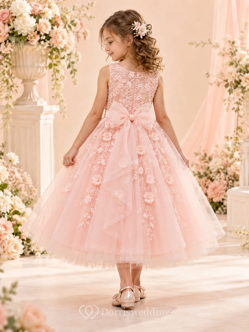Blushing Pink Floral Beaded Bow Tiered Tea-length Flower Girl Dress view 2