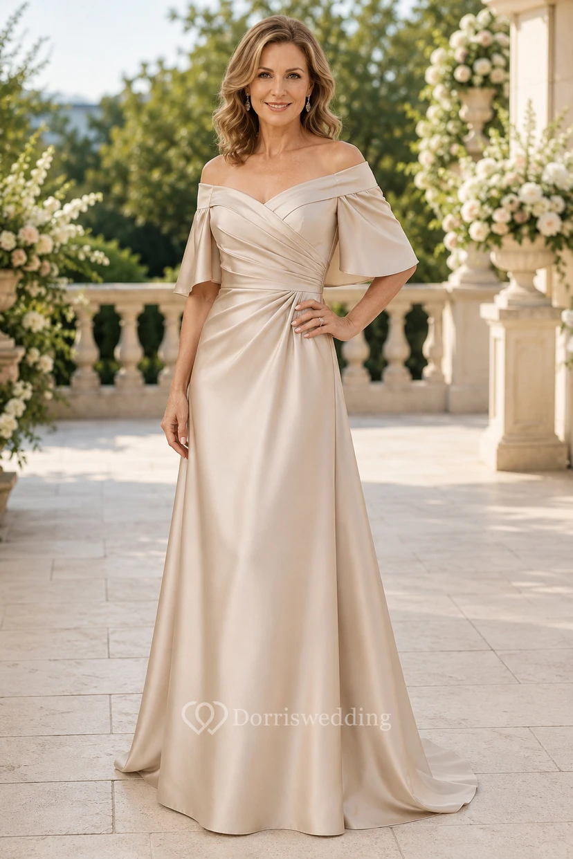 Champagnerfarbenes, schulterfreies A-Linien-Kleid aus Satin mit kurzen Ärmeln