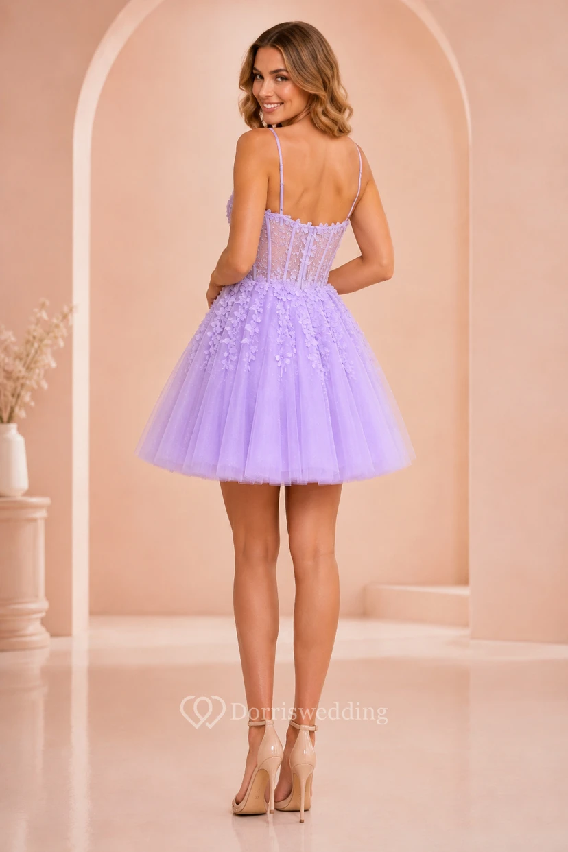 Lavendelfarbenes Mini-Abendkleid aus Glitzertüll mit Spaghettiträgern und A-Linien-Schnitt view 2