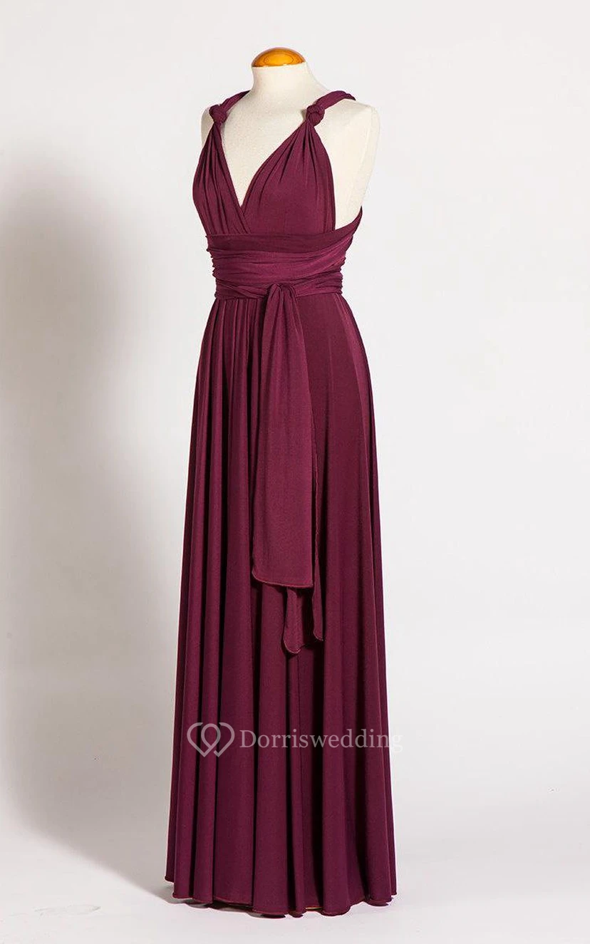 V Neck Sleeveless Empire Pleated A-line Jersey Long Dress With Bandage view 3
