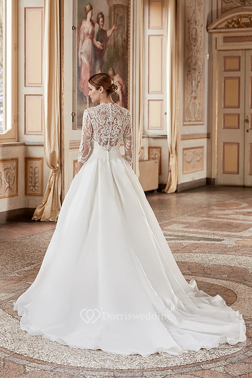 Ball Gown V-Neck 3-4-Sleeve Organza Wedding Dress With Illusion view 2