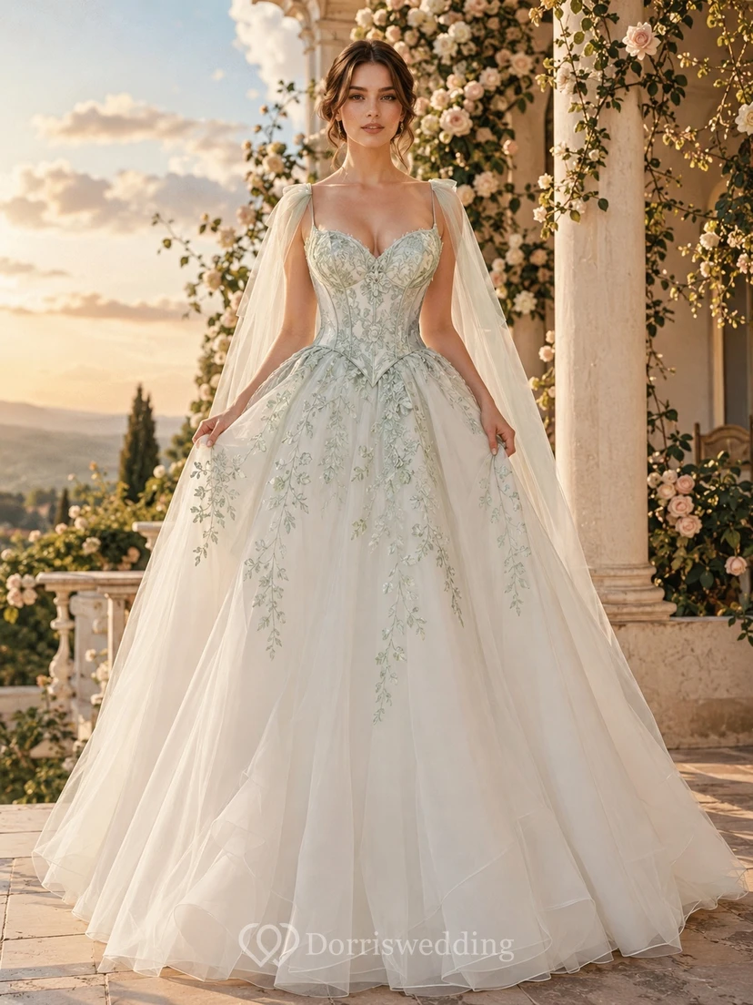 Celadonfarbenes, botanisches Brautkleid, Ballkleid, ärmellos, mit Kathedralenschleppe und Cape, romantisches Design
