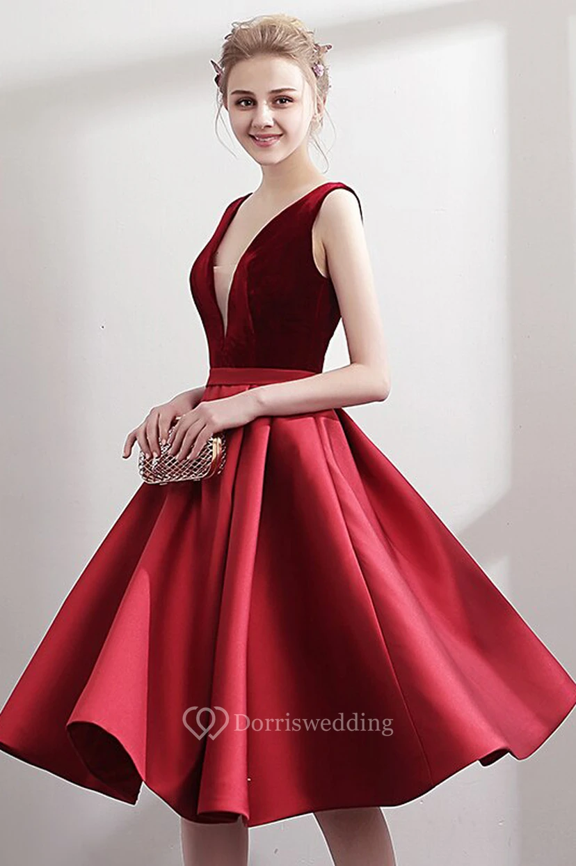 Simple A-line Satin V-Neck Sleeveless Knee Length Dress with Corset Back