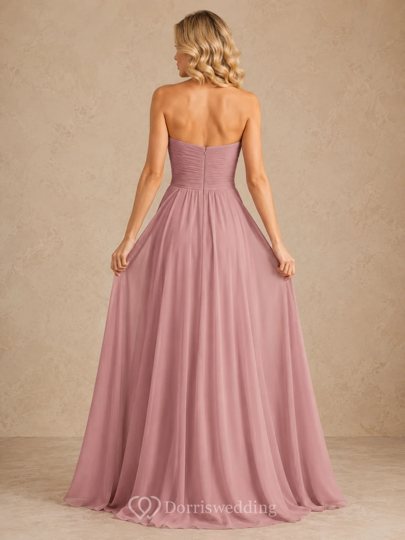 trägerloses, gerafftes Chiffon-Abendkleid in Altrosa view 2