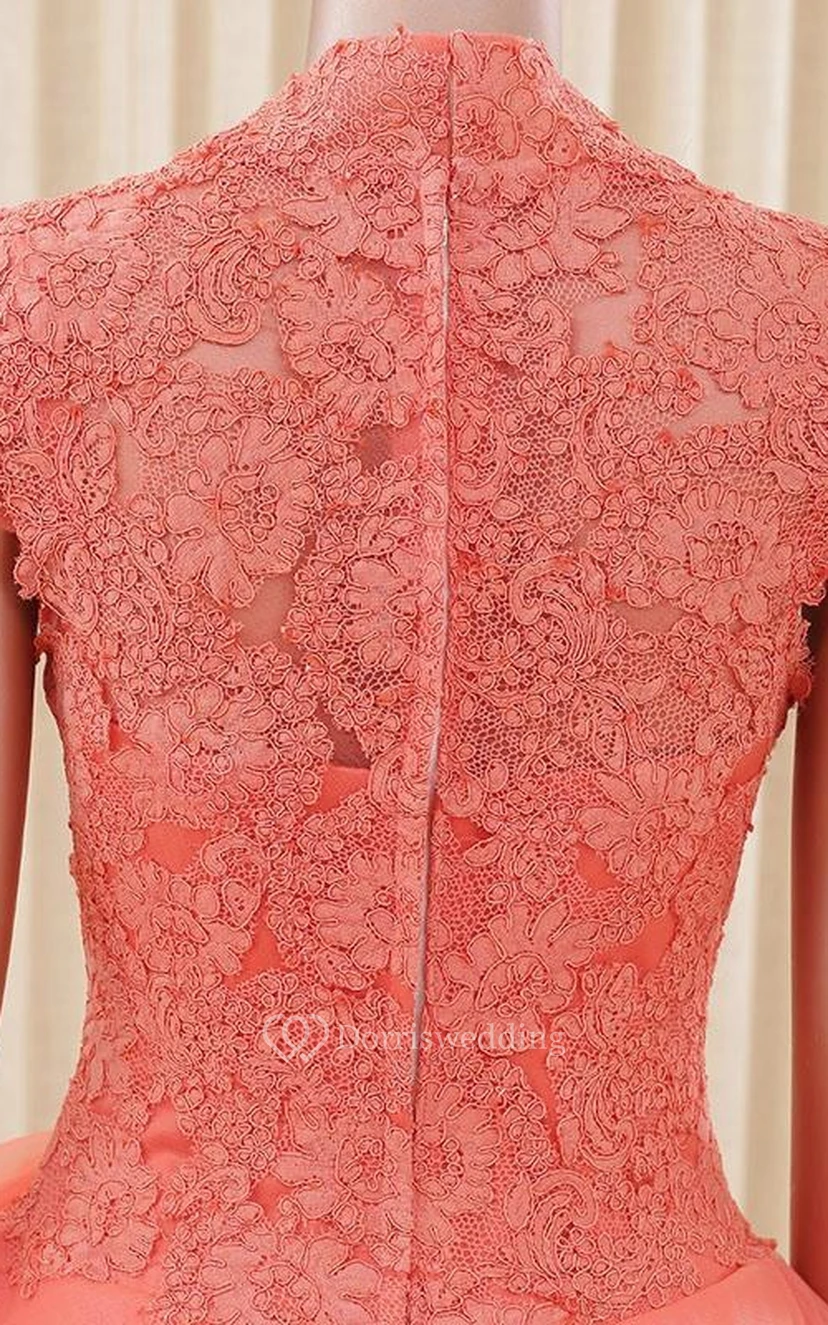 A-Line Ball Gown Floor-Length High Neck Bell Cap Bow Sweep Train Zipper Lace Organza Dress view 4