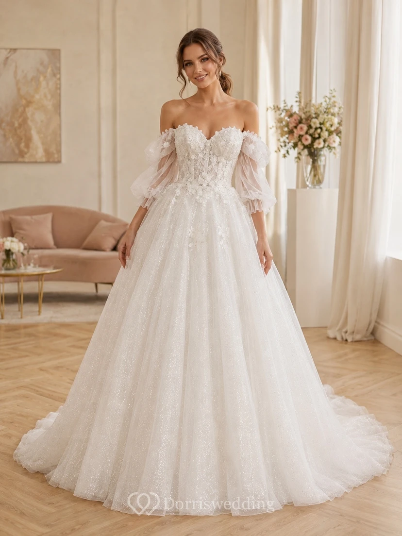 Vestido de novia romántico de manga larga con escote Bardot y cola catedral de tul