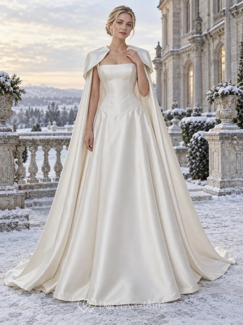 Vestido de novia sencillo de satén con cuello cuadrado, cintura baja y corte en A, ideal para invierno.