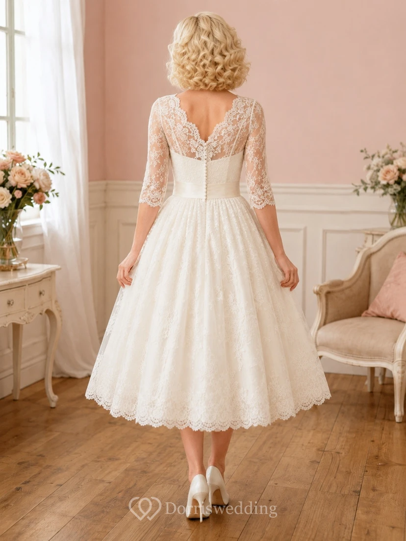 Vintage V-Neck Lace Three-Quarter Sleeve Tea-Length Wedding Dress view 2