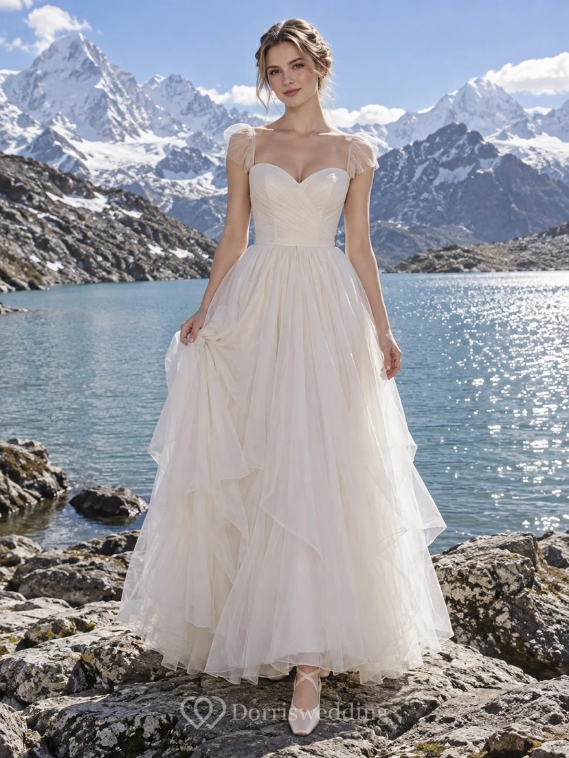 Simple Sweetheart Illusion Cap Sleeve Asymmetric Tiered Tulle Wedding Dress