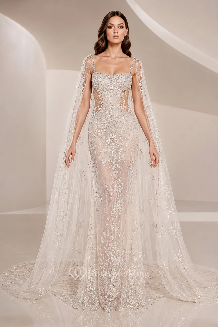 Brautkleid mit eckigem Ausschnitt, langen Ärmeln und Spitze sowie transparenter Schleppe