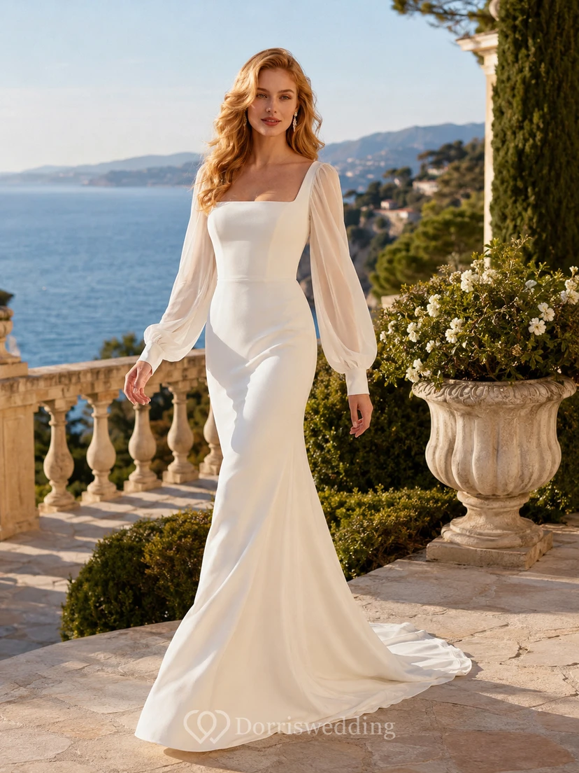 Robe de mariée sirène moderne en crêpe à col carré et manches bouffantes longues, idéale pour une destination romantique