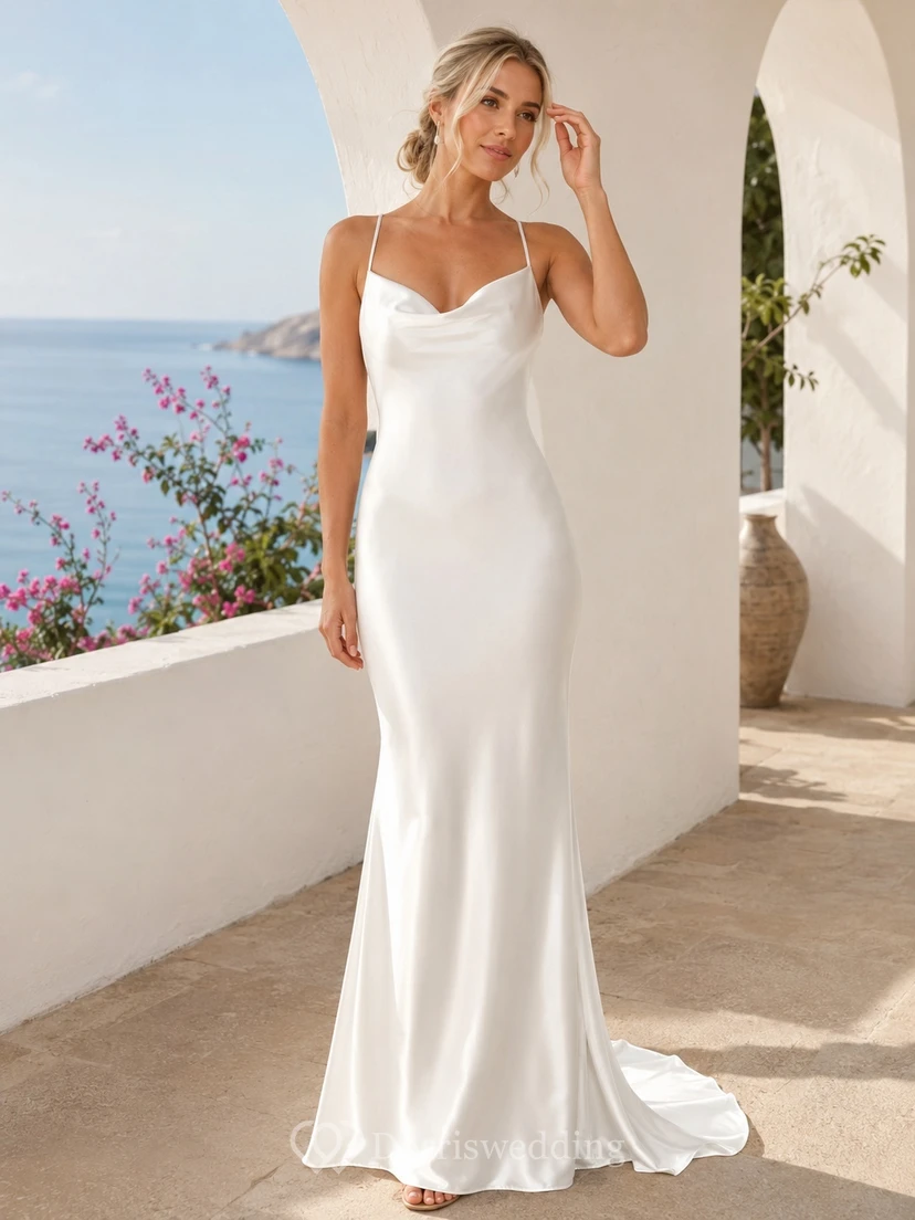 Simple Cowl Neck Spaghetti Strap Satin Sheath Sweep Train Beach Wedding Dress
