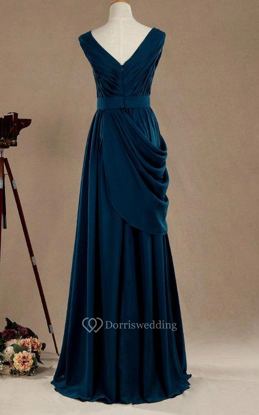 Cap Sleeve V Neck A-line Pleated Chiffon Long Dress With Side Draping view 3