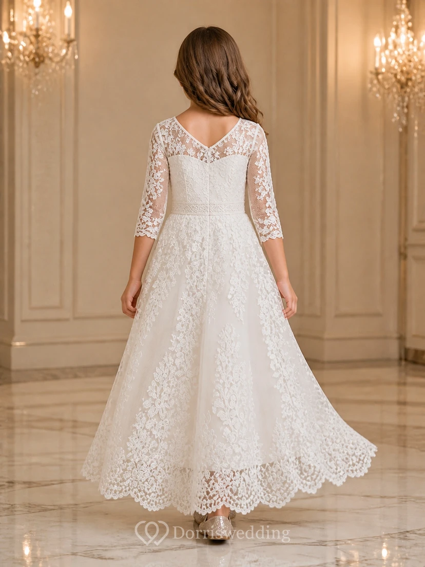 Modest Junior Bridesmaid Ankle-length A-Line Scoop Three-quarter Sleeve Lace Dress view 2