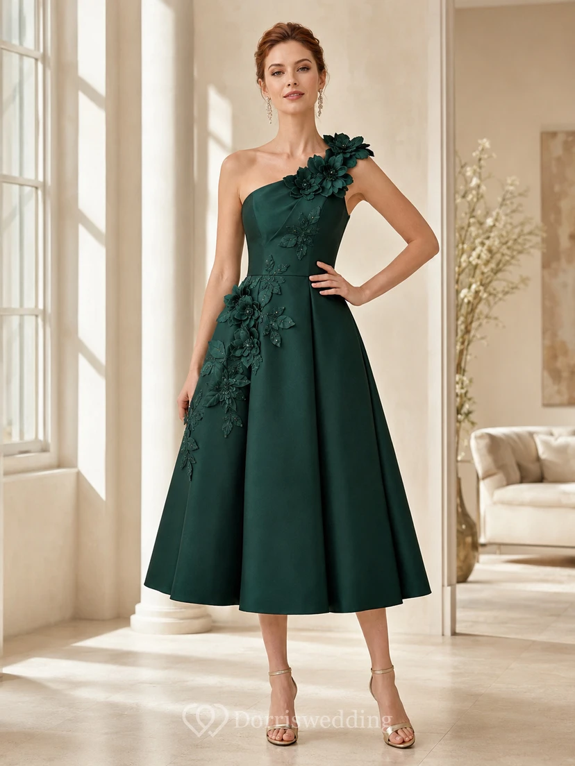 Dark Green One-Shoulder 3D Floral Applique Dress