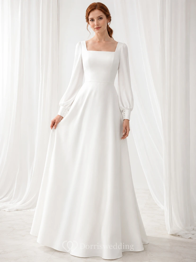 Vestido de novia de estudio modesto de corte A con escote cuadrado