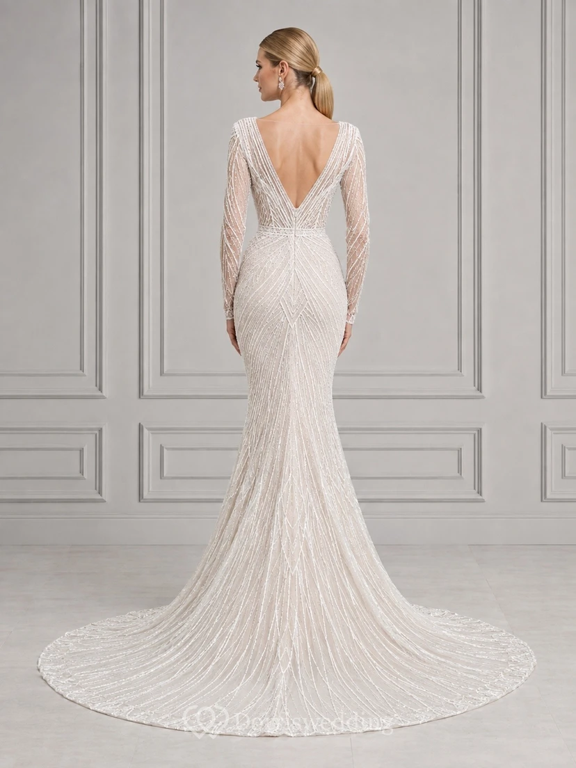 Vestido de novia elegante de sirena con lentejuelas y mangas largas view 2