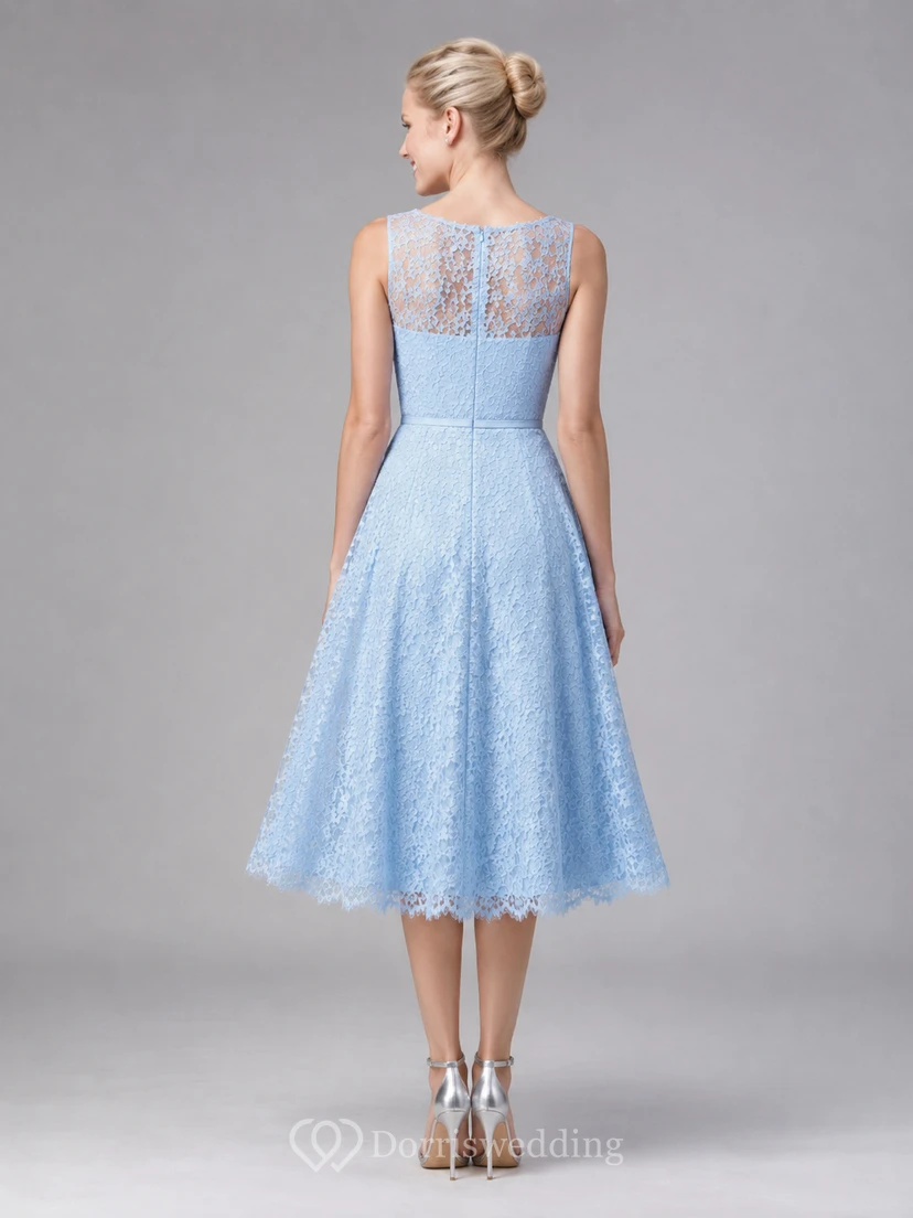 Blue Illusion A-Line Tea-Length High-Neck Sleeveless Lace Romantic Guest Dress view 2